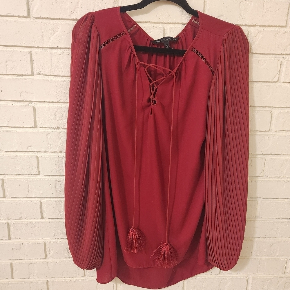 White House Black Market Burgundy Blouse with Pleated Sleeves